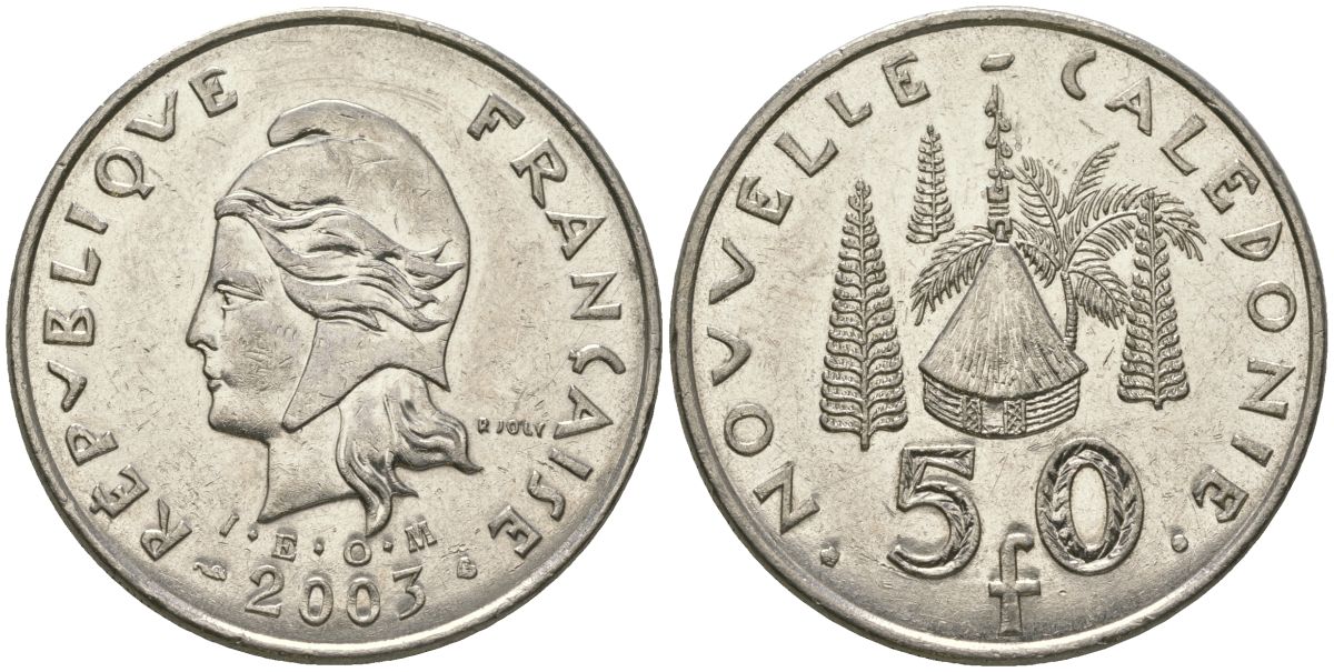 Французская Новая Каледония 50 франков 2003 хижина среди сосен и пальм, (IEOM) KM 13, Schoen 15, Lec 121 никель 111-811