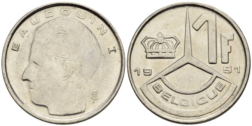 БЕЛЬГИЯ 1 ФРАНК 1991 BELGIQUE KM 170 сталь плакированная никелем 4528-1042