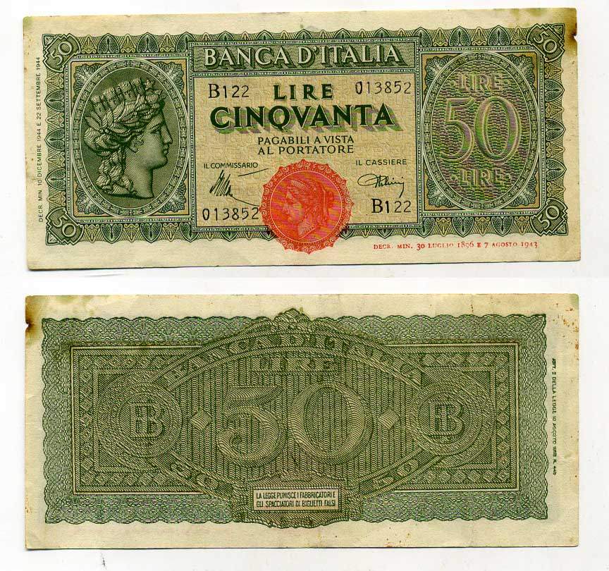 Италия 50 лир 1944 Pick 74, Grapanzano 131A 450-92-1