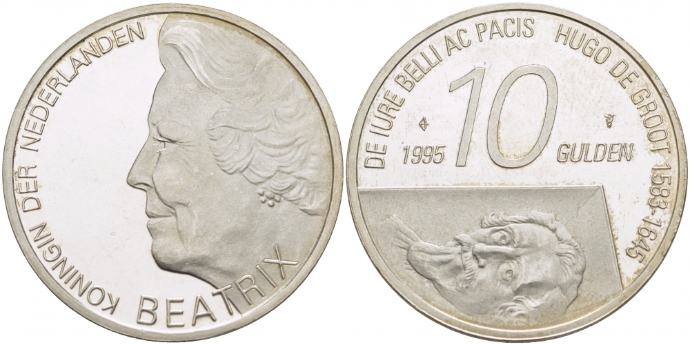 Нидерланды 10 гульденов 1995 300 лет со дня смерти Хьюго Грута, королева Беатрикс KM 220 серебро PROOF 272-145