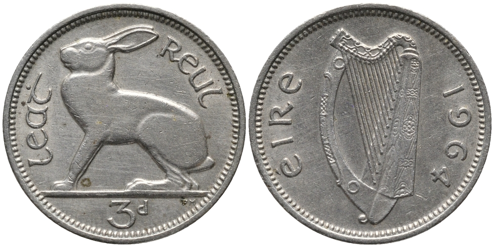 Ирландия 3 пенса 1964 заяц KM 12a медно-никель 4387-1043