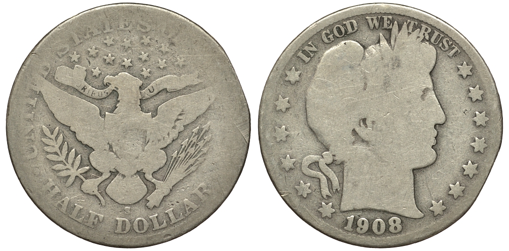 США 1/2 доллара (50 центов) 1908 S, барбер, Barber KM 116 серебро 413-142