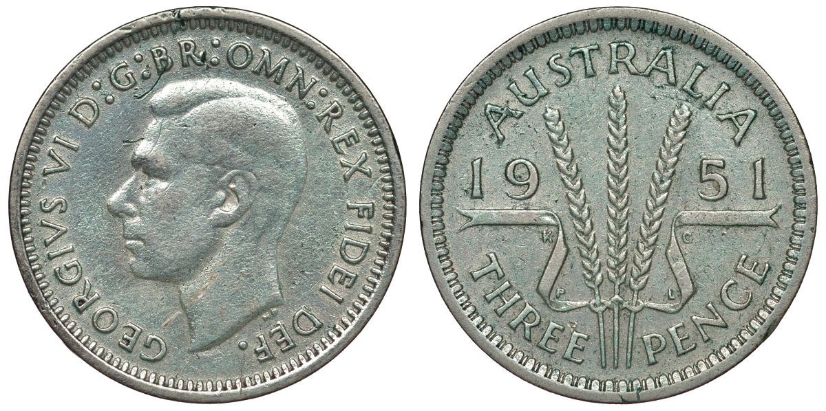 Австралия 3 пенса 1951 PL, Георг VI (1937-1952) KM 44 серебро 71-341