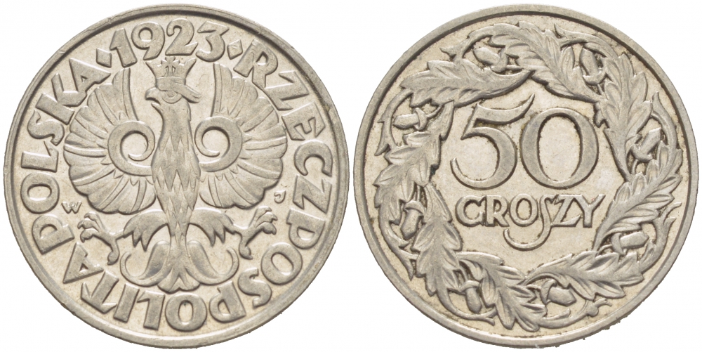 Польша 50 грошей 1923 Республика KM 13, Parchimowicz 106 никель 77-956