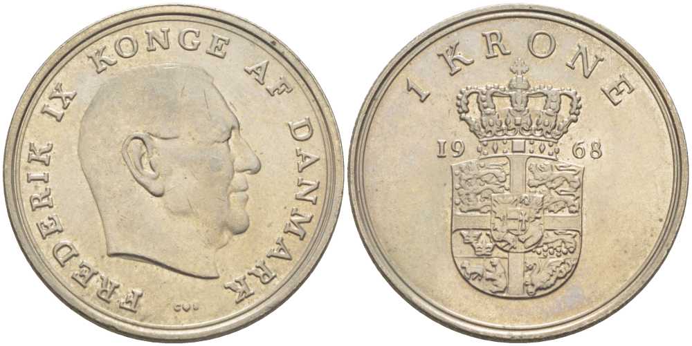 ДАНИЯ 1 КРОНА 1968 C;S, ФРЕДЕРИК IX (1947-1972) KM 851.1 медно-никель 202-816