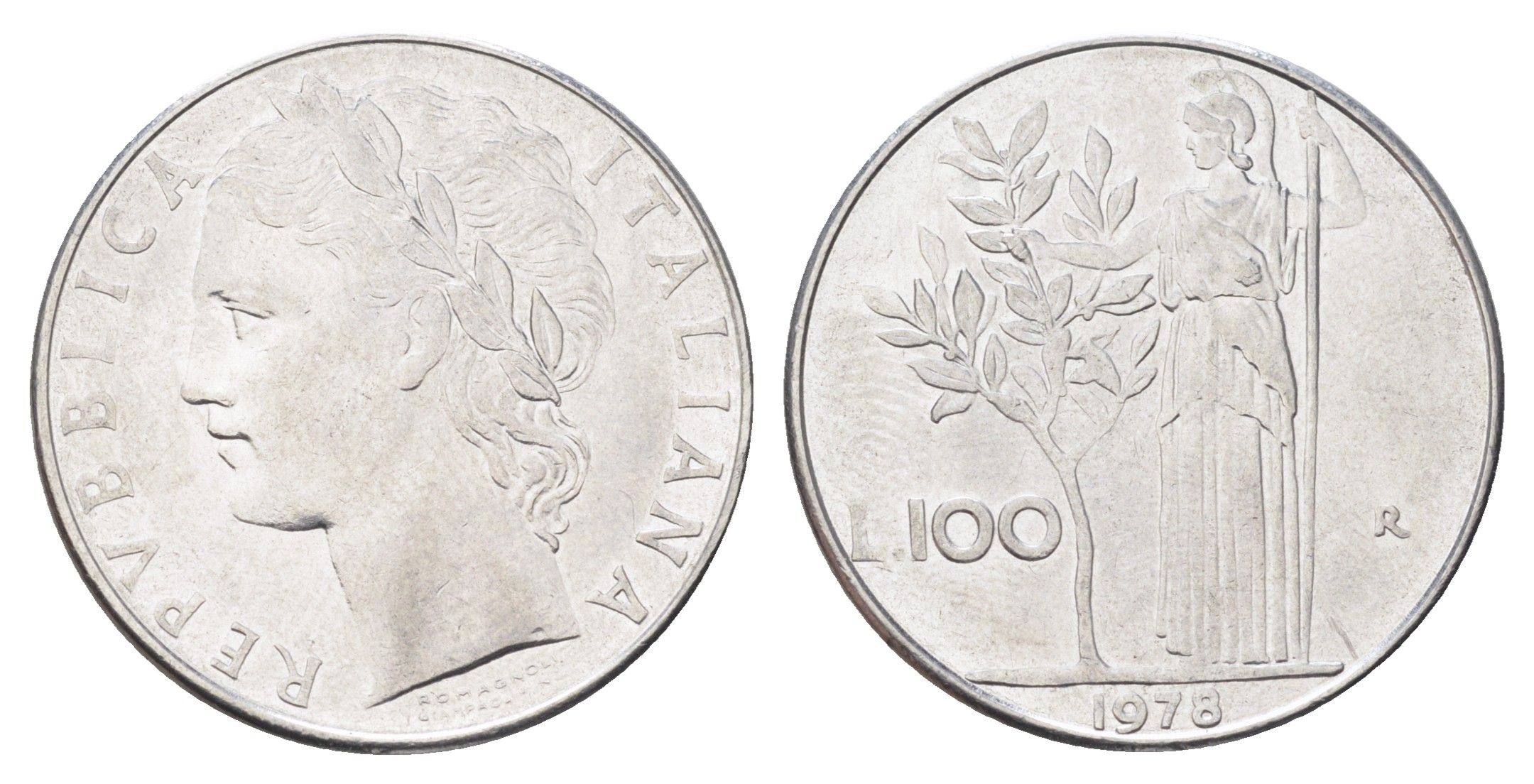 Италия 100 лир 1978 R, Афина в доспехах KM 96.1 нержавеющая сталь 4704-751