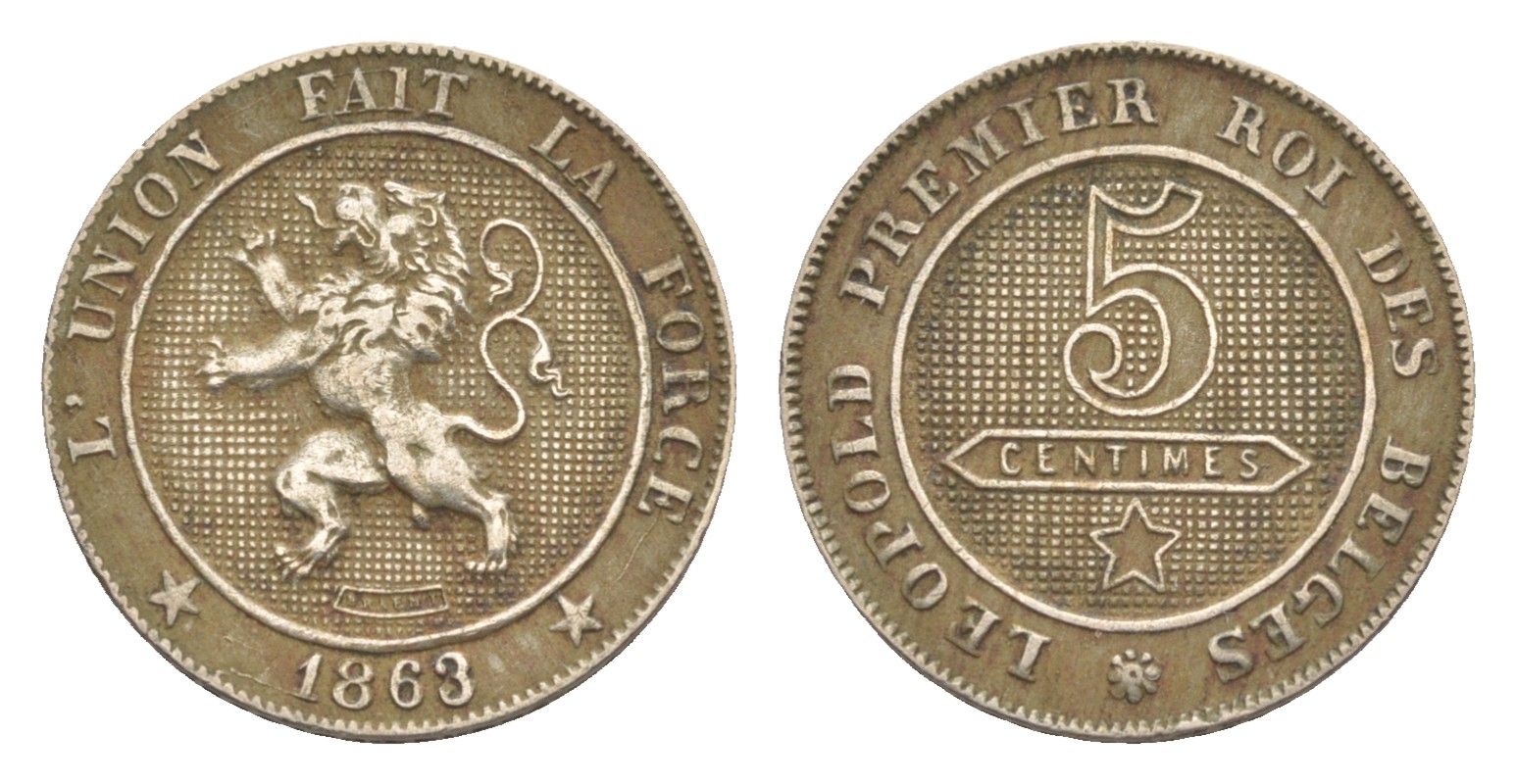 Бельгия 5 сантимов 1863 Belges, Леопольд II (1831-1865) KM 21 медно-никель 4169-131