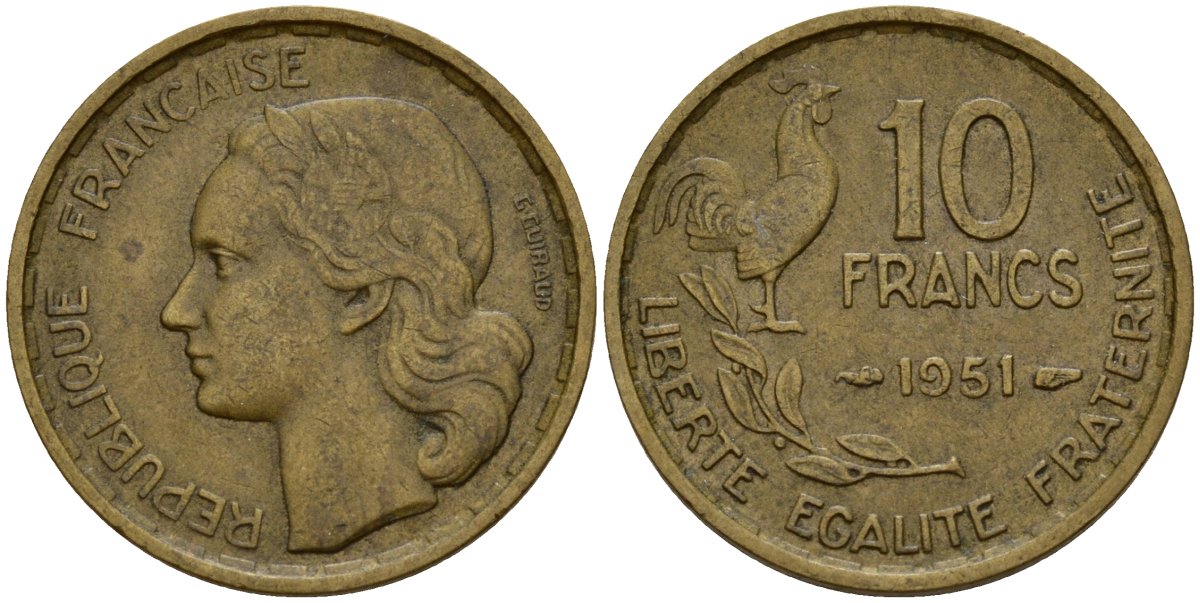 Франция 10 франков 1951 B, петух KM 915.2, Le Franc 363.5 алюминиевая бронза 4159-916