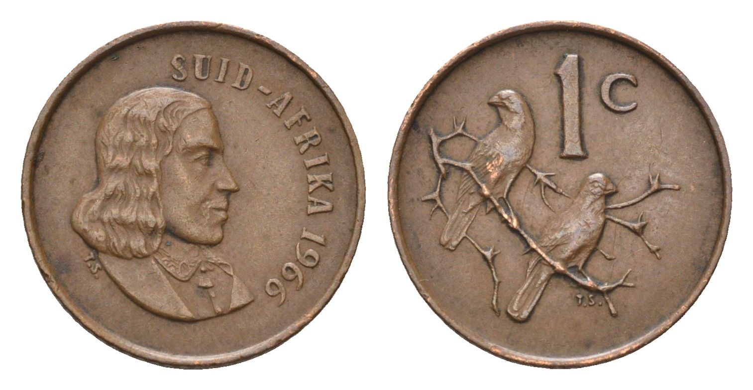 ЮАР 1 цент 1966 Ян ван Рибек (1619-1677), Suid Africa, легенда на африкаанс, капские воробьи KM 65.2 бронза 187-965