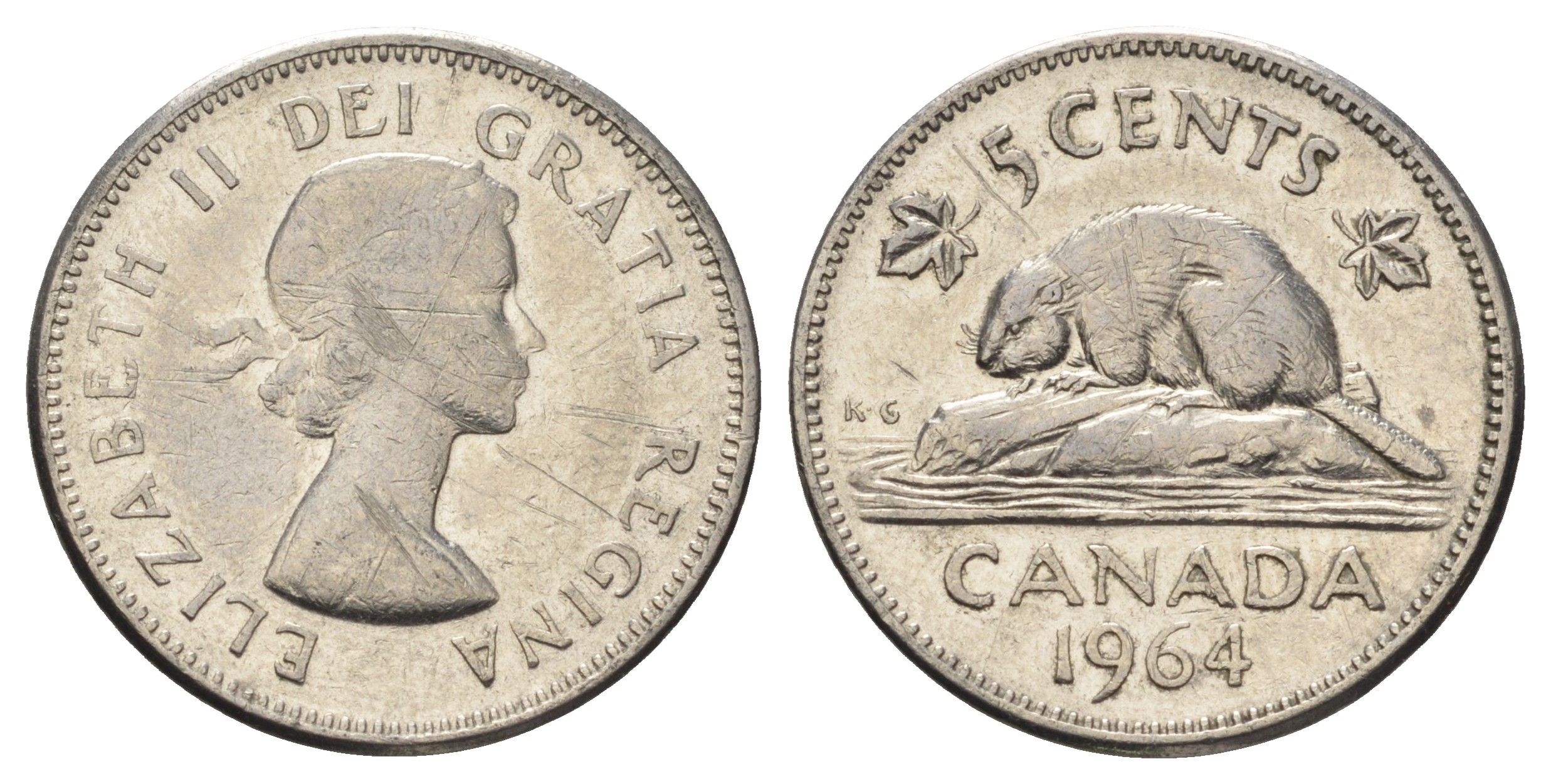 Канада 5 центов 1964 Елизавета II (1952-2022), бобр KM 57 никель 4689-341