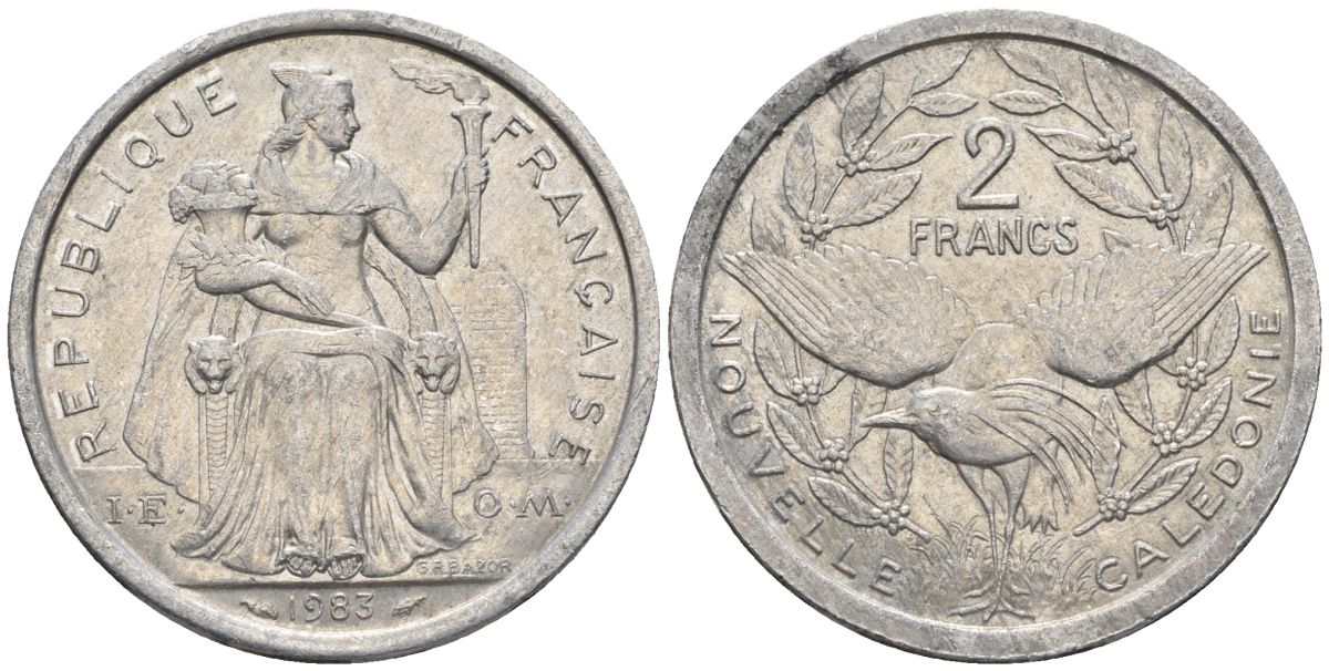 Французская Новая Каледония 2 франка 1983 птица кагу, (IEOM) KM 14, Schoen 11, Lec 63 алюминий    27-623