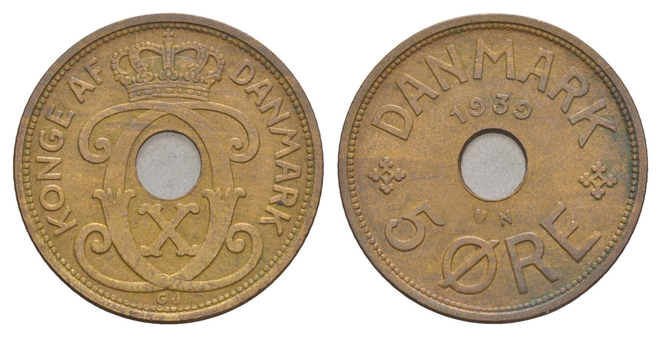 Дания 5 эре 1939 N, Кристиан X (1912-1947) KM 828 бронза 4657-252