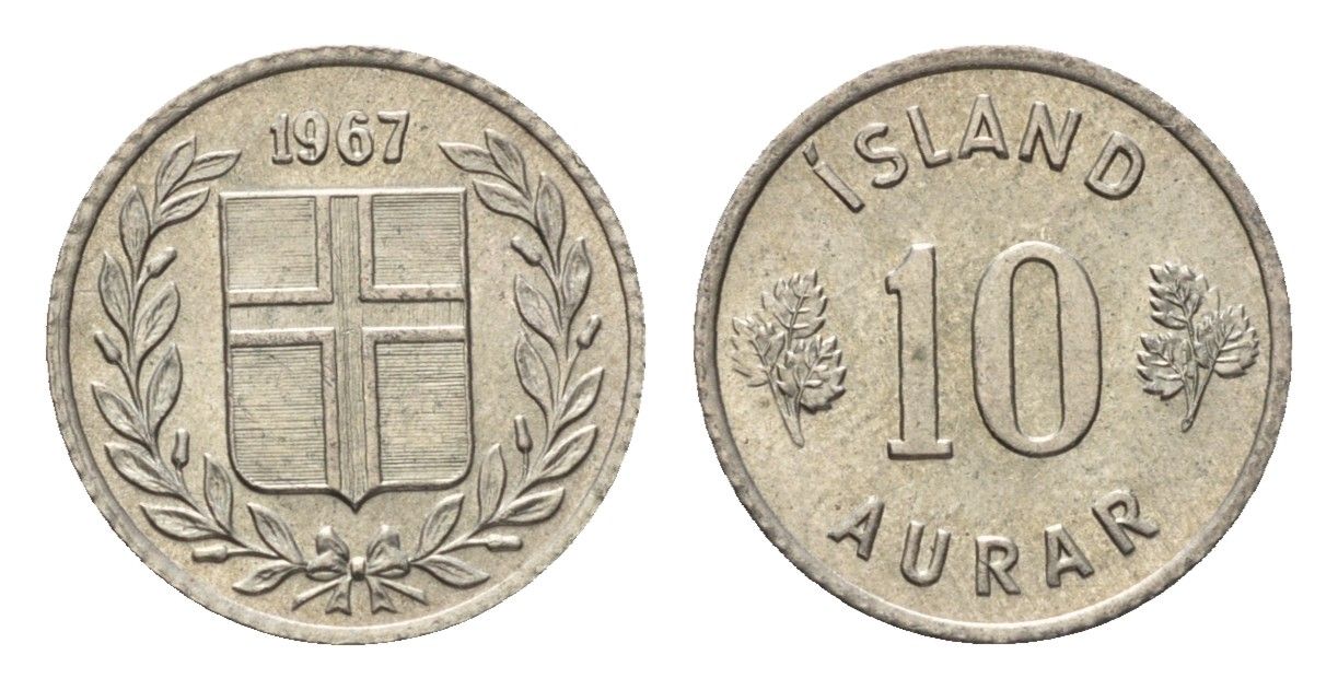 Исландия 10 эйре 1967 KM 10 медно-никель UNC 4696-268