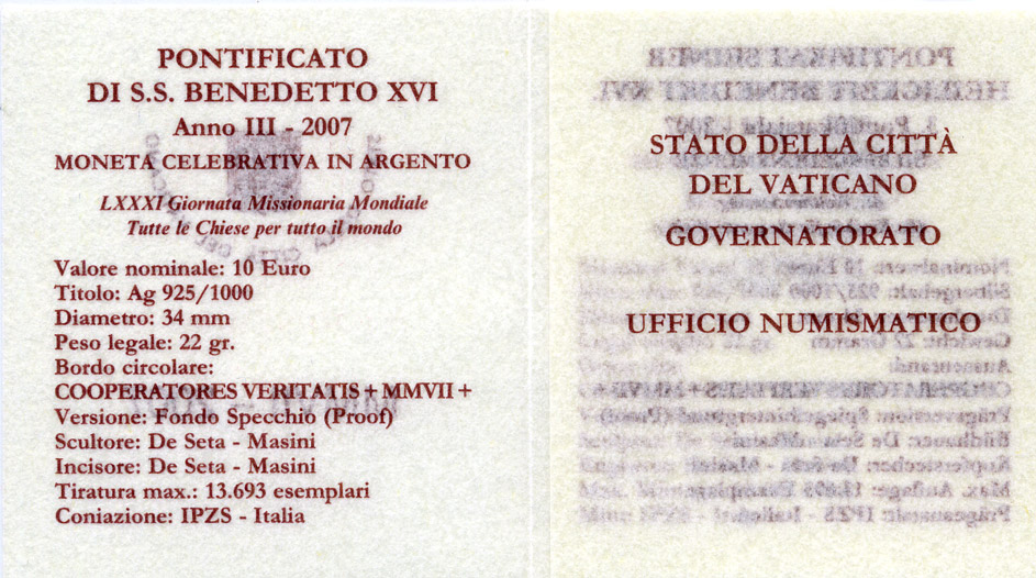 Ватикан 10 евро 2007 Бенедикт XVI, Всемирный день миссионера, в оригинальной коробке, с сертификатом KM 401 серебро PROOF 7-1-42