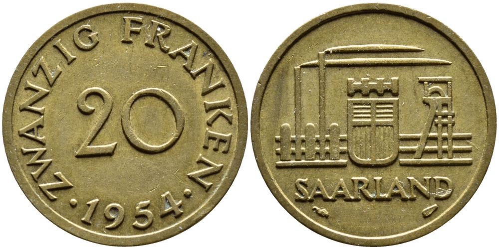 Саарланд 20 франков 1954 индустрия KM 2 алюминиевая бронза 4364-2434