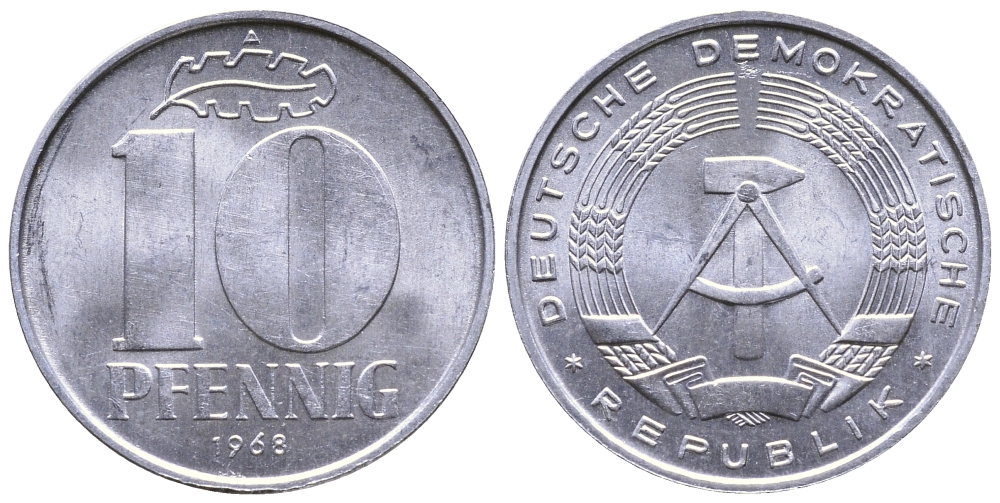ГДР 10 пфеннигов 1968 А KM 10 алюминий 4364-2647