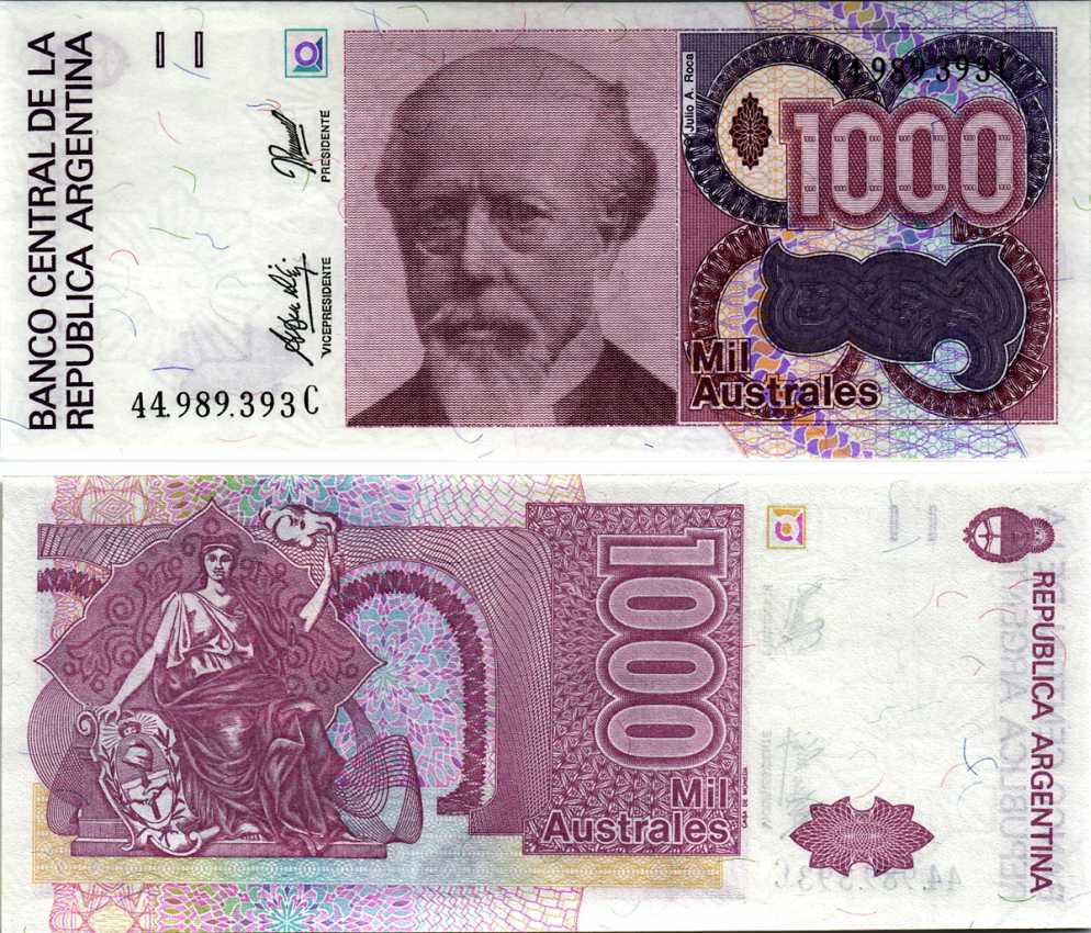 АРГЕНТИНА 1000 АУСТРАЛЕЙ 1990 СЕРИЯ C 44989, ПРЕЗИДЕНТ АРГЕНТИНЫ ХУЛИО РОКА Pick 329d, Bottero 2862 бумага UNC (ПРЕСС) 6352-12-3-1