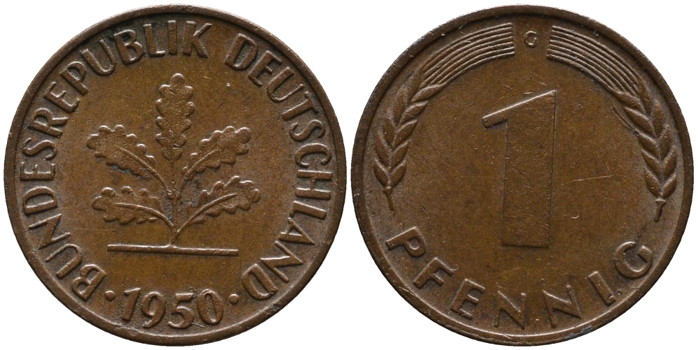ФРГ 1 пфенниг 1950 G KM 105, J.380 сталь плакированная медью 99-246