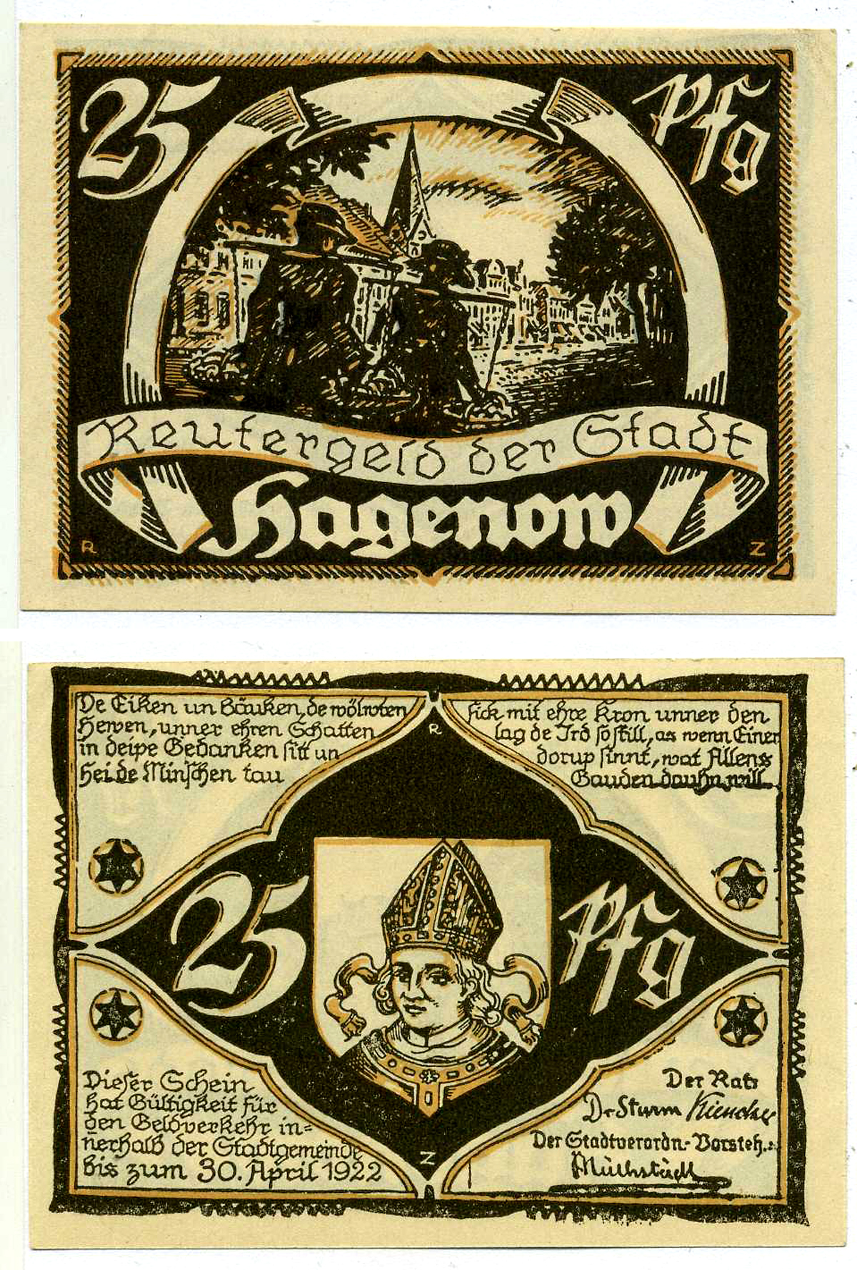 ХАГЕНОВ 25 ПФЕННИГОВ 1922 НАЧАЛО 1922 - 30 АПРЕЛЯ 1922, НОТГЕЛЬД, ЗЕМЛЯ МЕКЛЕНБУРГ-ПЕРДНЯЯ ПОМЕРАНИЯ Grabowski 500.2 бумага 2193-11-1-2