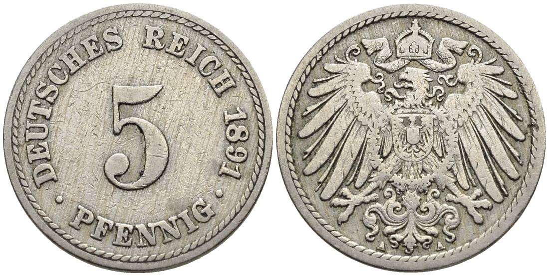ГЕРМАНИЯ 5 ПФЕННИГОВ 1891 A KM 11, Jager 12, Weege 6 медно-никель 4547-324