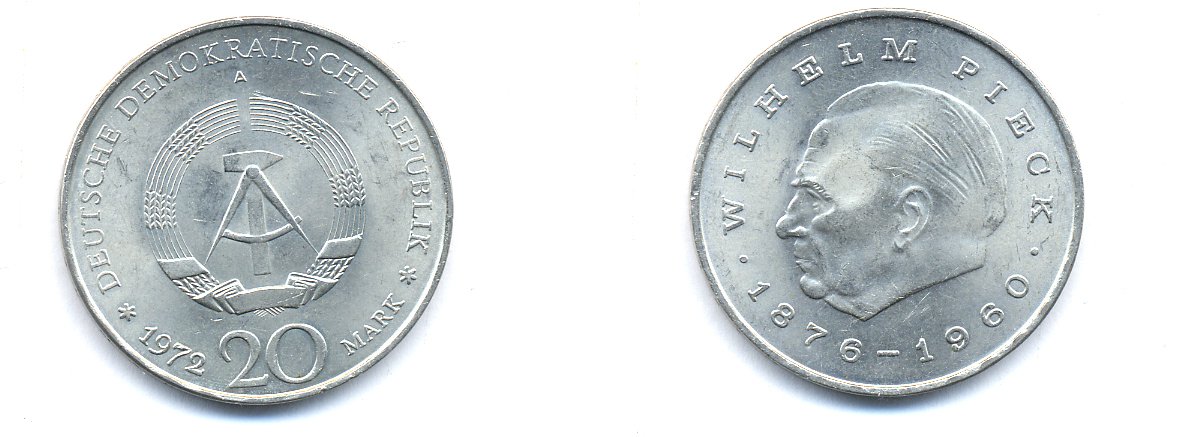 ГДР 20 марок 1972 А, Вильгельм Пик (1876-1960) KM 42 медно-никель 3333-333