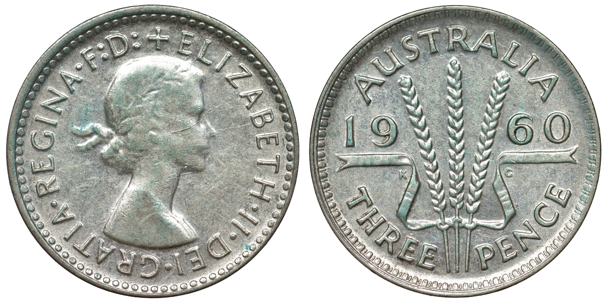 Австралия 3 пенса 1960 m, Елизавета II (1952-2022) KM 57 серебро 71-632