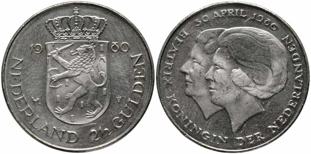 Нидерланды 2 1/2 гульдена 1980 коронация Беатрикс, 30 апреля 1980 KM 201 никель 111-326