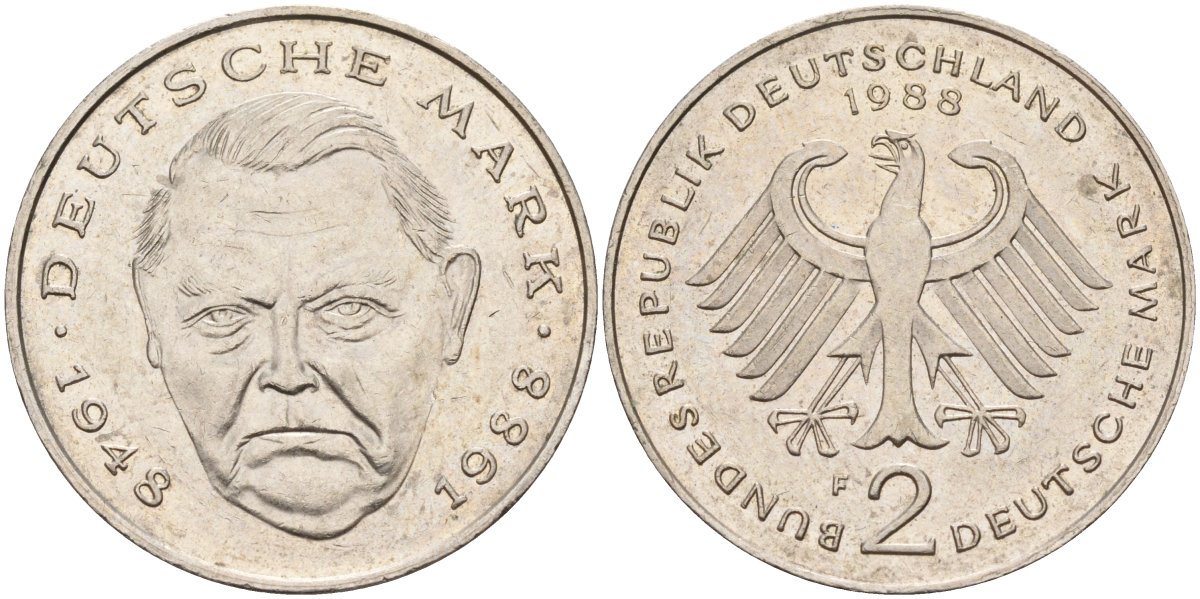 ФРГ 2 марки 1988 F, Людвиг Эрхард, 40 лет Федеративной Республике (1948-1988) KM 170, J. 445 медно-никель плакированный никелем 4137-446