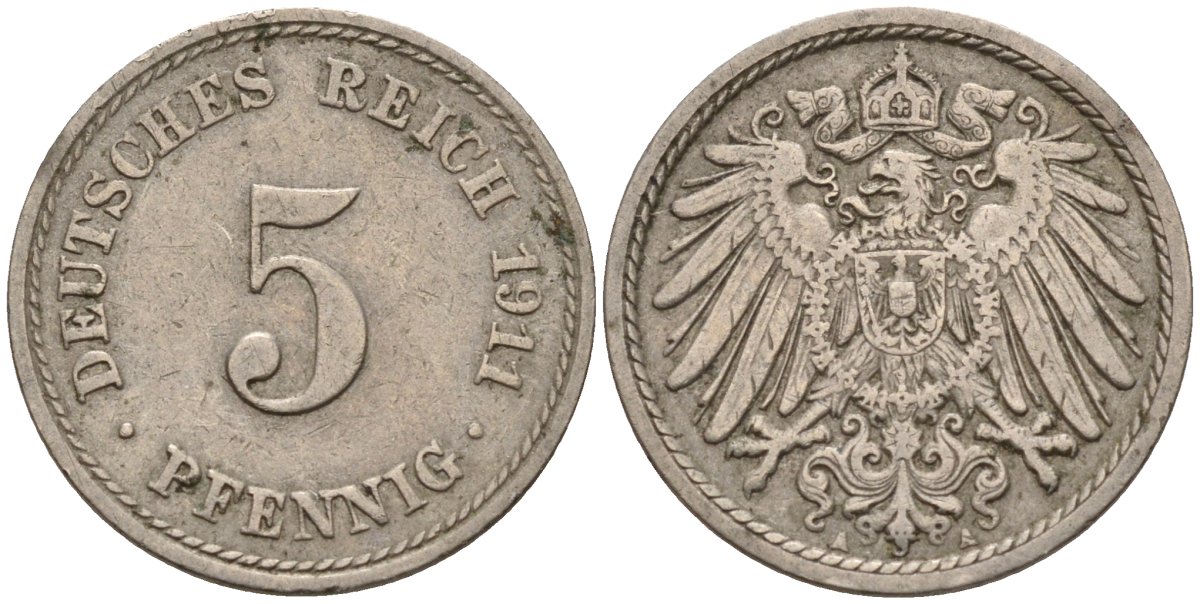 Германия 5 пфеннигов 1911 A KM 11, J. 12, Weege 6 медно-никель 4151-522