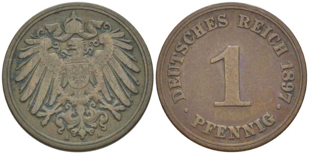 Германия 1 пфенниг 1897 A KM 10, J. 10, Weege 2 медь 211-223