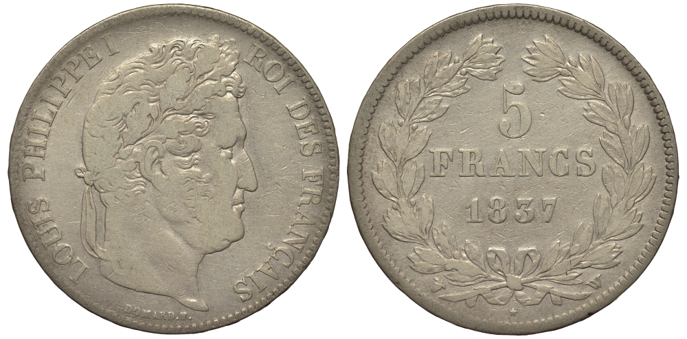 Франция 5 франков 1837 W, Луи Филипп I (1830-1848) KM 749.13 серебро 1516-1624