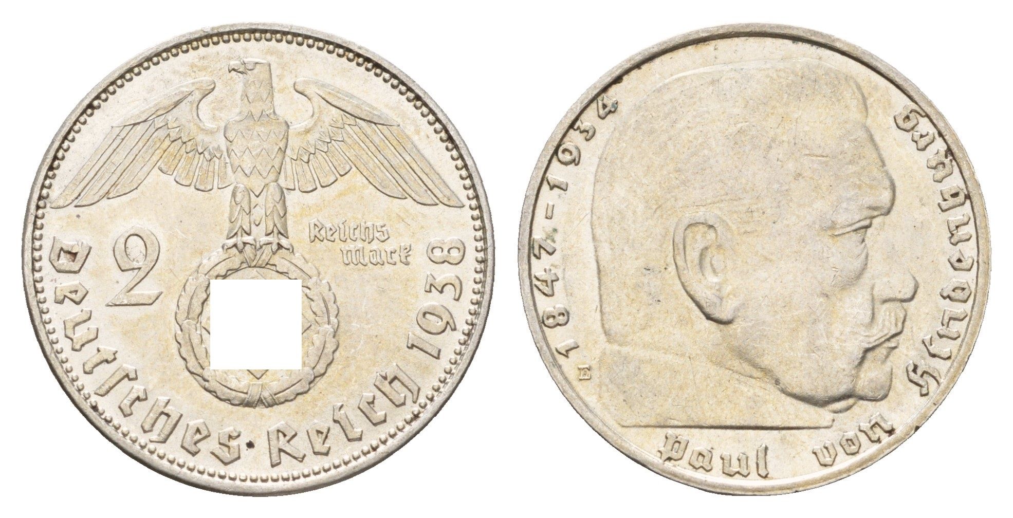 Германия 2 рейхсмарки 1938 E, Пауль фон Гинденбург (1847-1934) KM 93, J. 366 серебро aUNC 633-811