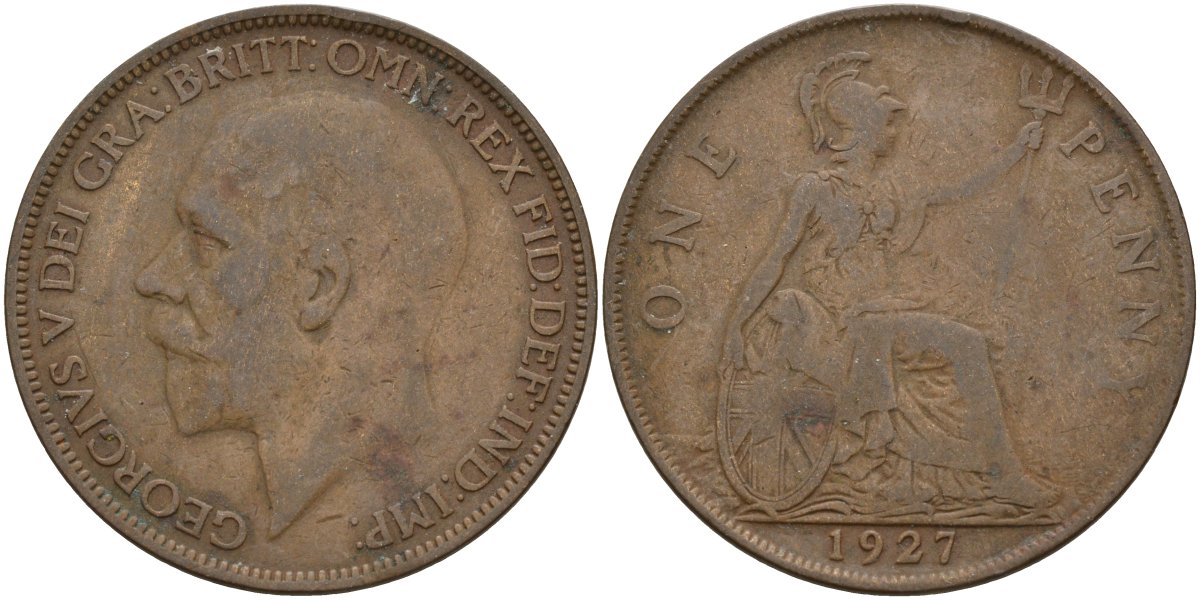 Великобритания 1 пенни 1927 Георг V (1910 - 1936) KM 826 бронза 4144-834