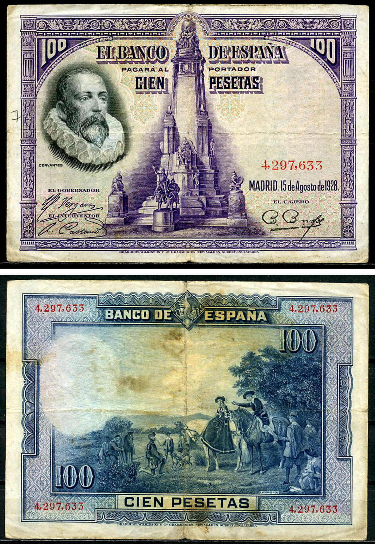 Испания 100 песет 1928 Мигель де Сервантес Сааведра, памятник Сервантесу, картина Дон Кихот Pick 76 а  бумага   6294-71-2-1