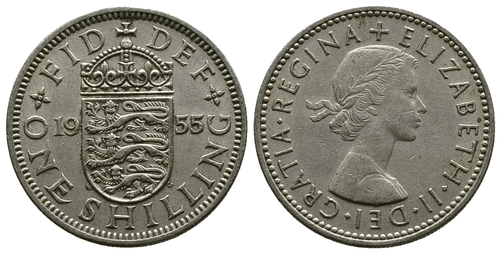 Великобритания 1 шиллинг 1955 Елизавета II (1952-2022), Английский герб KM 904, Spink 4147 медно-никель 4384-317