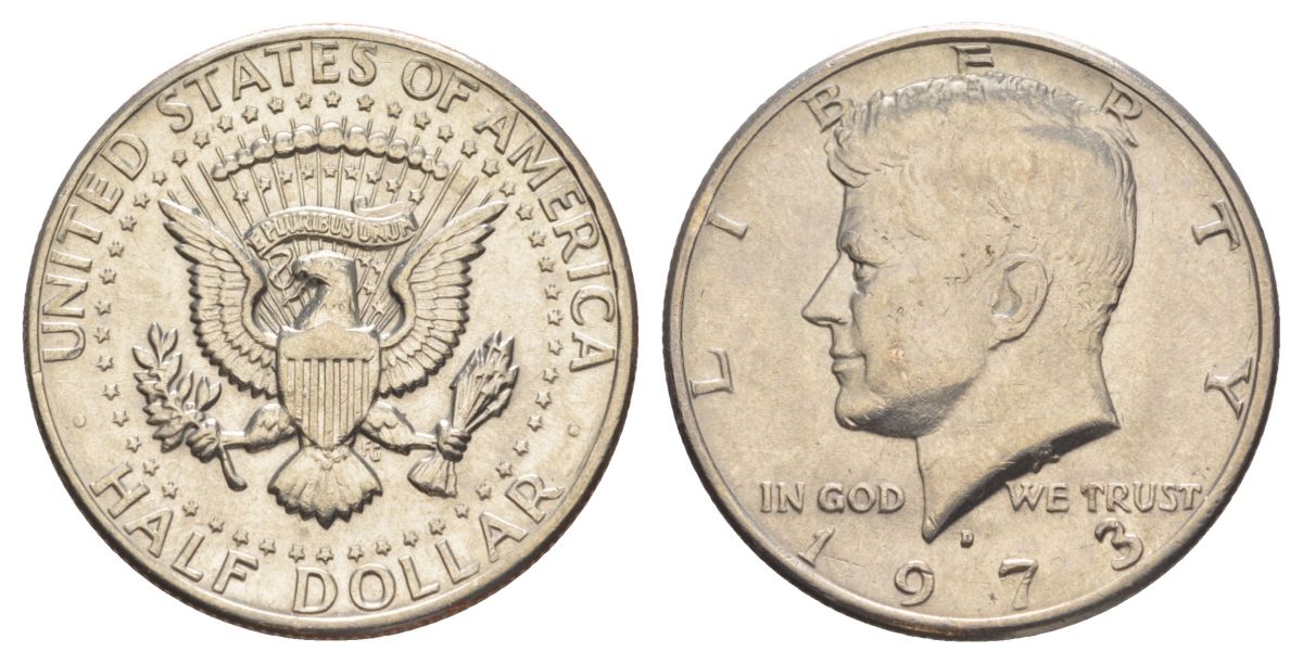США 1/2 доллара (50 центов) 1973 Джон Кеннеди KM 202b медь плакированная медно-никелем aUNC 4536-325