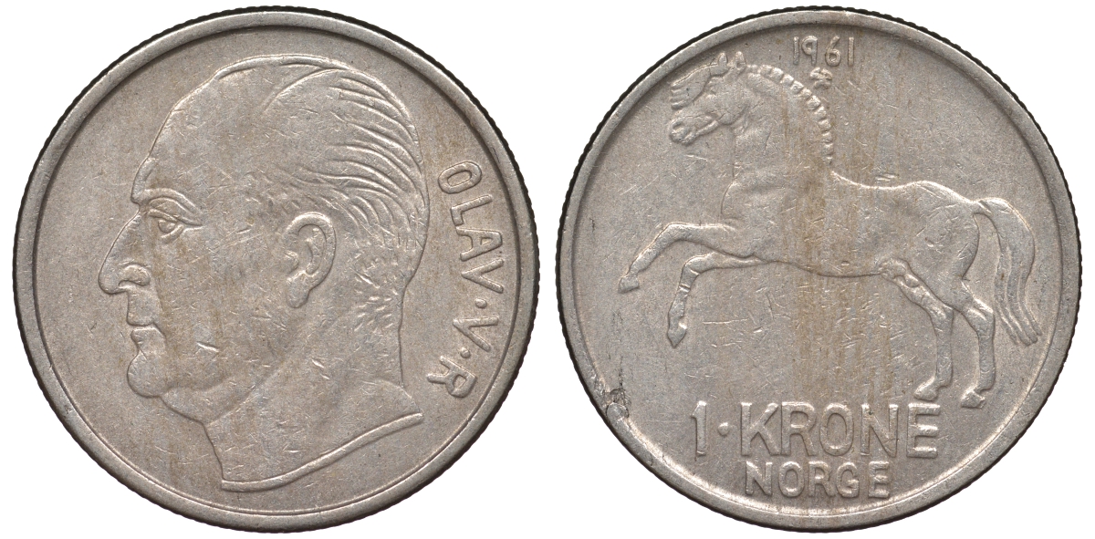 Норвегия 1 крона 1961 лошадь KM 409 медно-никель 25-2131