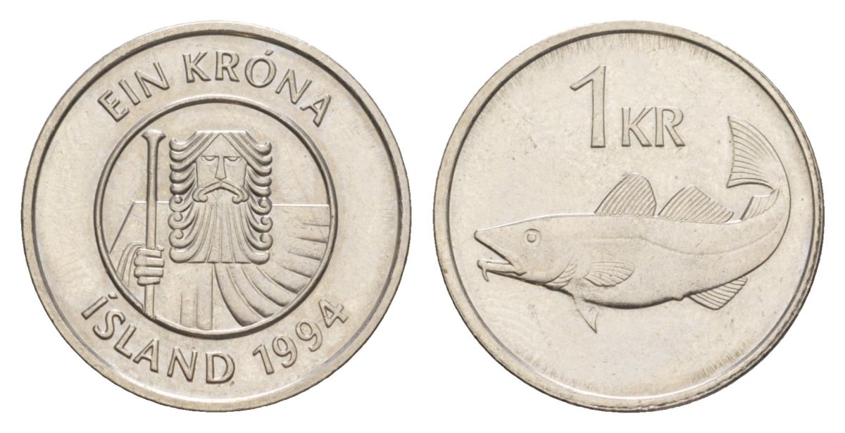 Исландия 1 крона 1994 треска KM 27a сталь плакированная никелем UNC 4635-112
