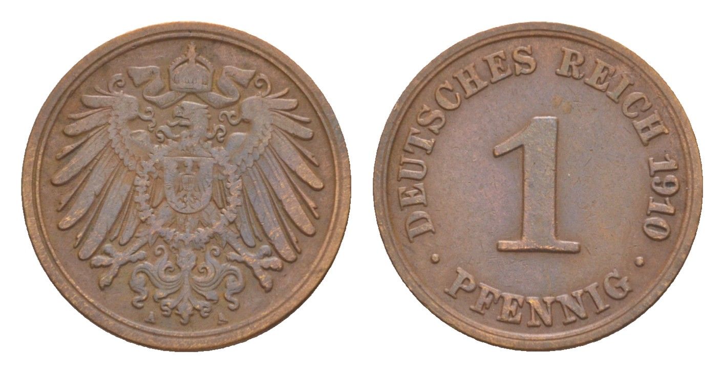 Германия 1 пфенниг 1910 A, Вильгельм II (1888-1918) KM 10, J. 10 медь 4639-1138