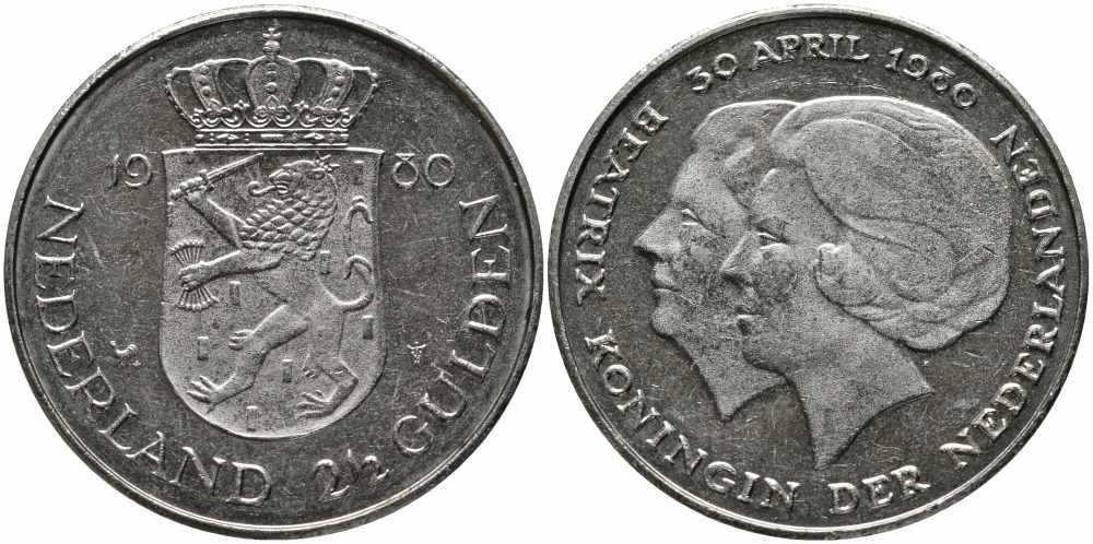 Нидерланды 2 1/2 гульдена 1980 коронация Беатрикс, 30 апреля 1980 KM 201 никель 111-332
