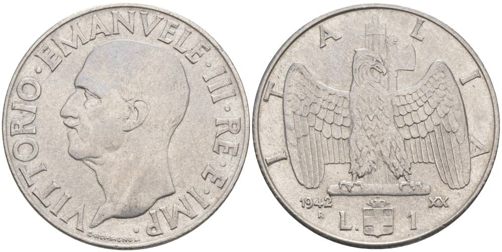 ИТАЛИЯ 1 ЛИРА 1942 R, ГОД XX, ВИКТОР ЭММАНУИЛ III (1900-1946) KM 77b, VEM3. 1102 нержавеющая сталь 3855-435