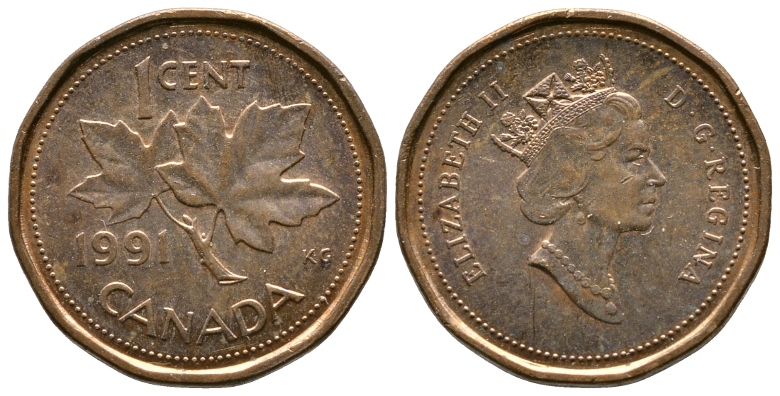Канада 1 цент 1991 Елизавета II (1952-2022), кленовый лист KM 181 бронза 46-865