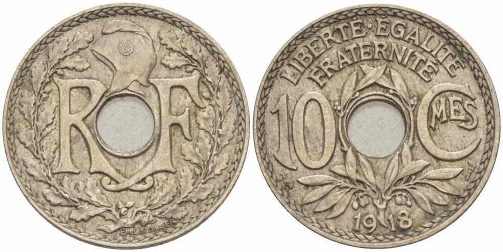 Франция 10 сантимов 1918 тип Линдайё KM 866a, Le Franc 138.3 медно-никель 108-124