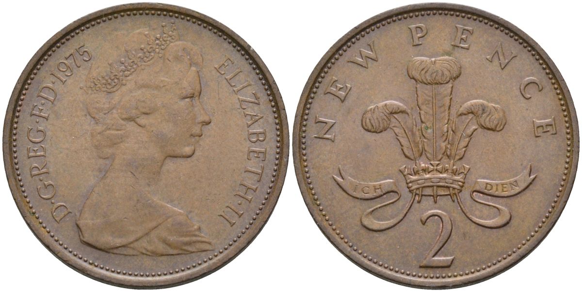 Великобритания 2 пенса 1975 Елизавета II (1952-2022) KM 916, Spink 4235 (C1) бронза 4116-734