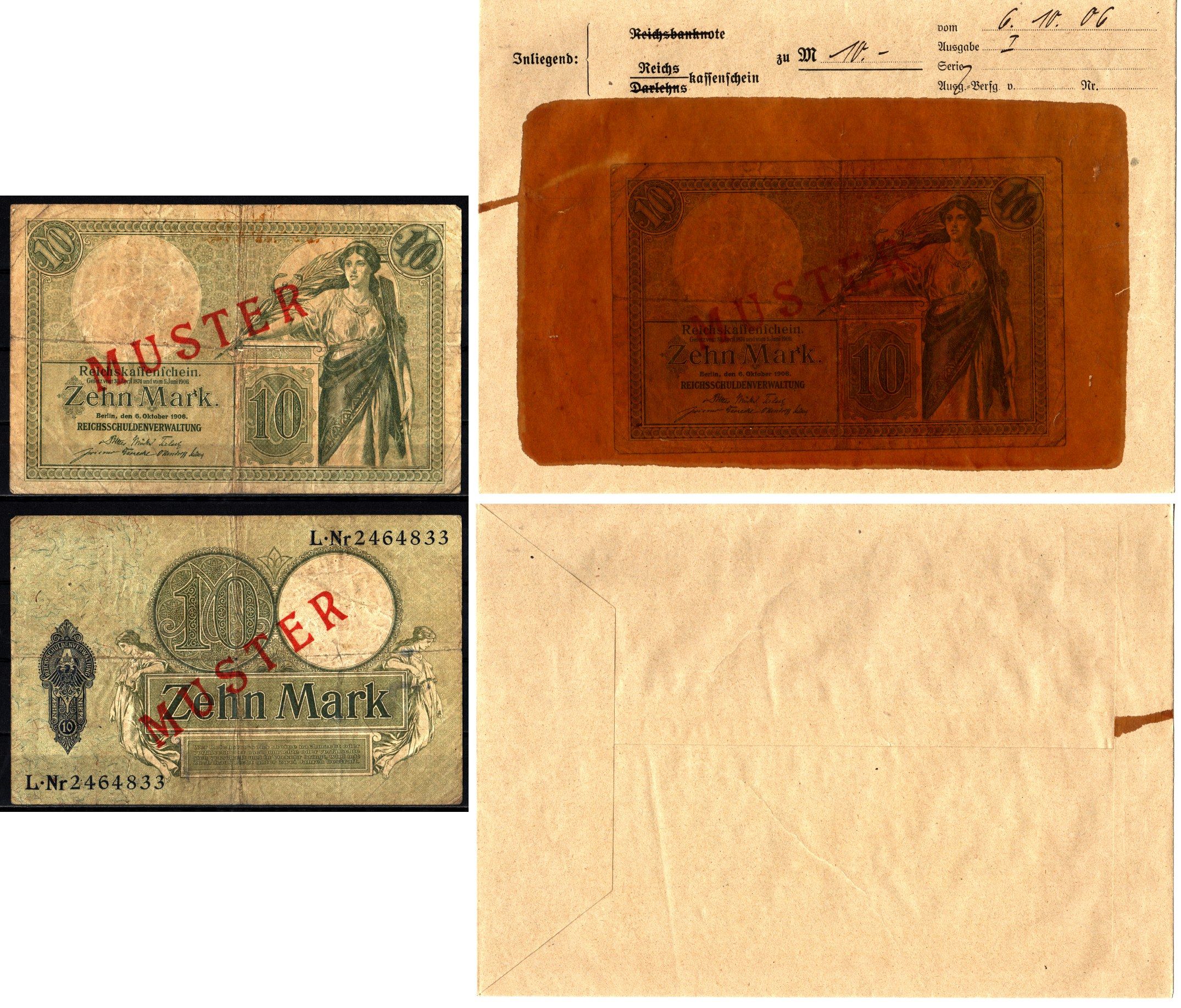 Германия 10 марок 1906 6 октября, MUSTER, образец, Specimen. В оригинальном банковском конверте. Из коллекции Отто Сейфферта (помощник Ялмара Шахта - министра экономики Германии и президента Рейхсбанка времен третьего рейха) Pick 9 s, Grabowski DEU 53 b б