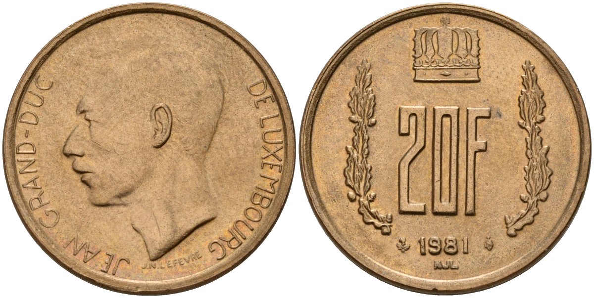 Люксембург 20 франков 1991 KM 67 алюминиевая бронза 4157-425