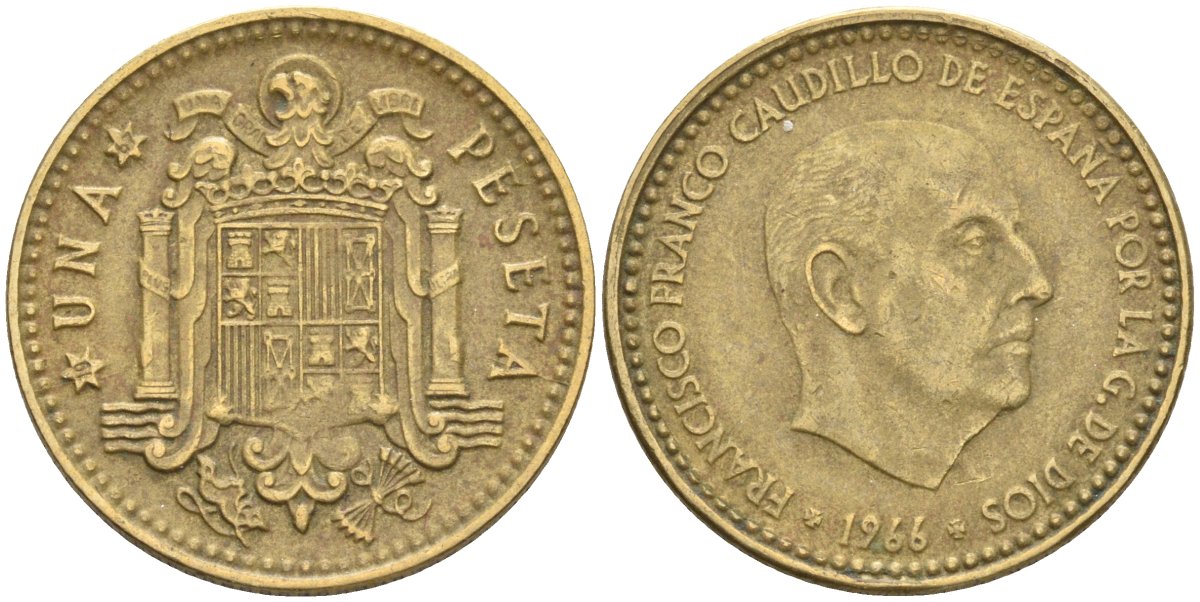 Испания 1 песета 1966 (67) Франсиско Франко (1939-1975) KM 796 алюминиевая бронза 4604-342