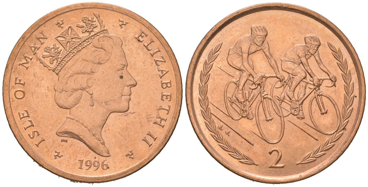 Остров Мэн 2 пенса 1996 Елизавета II (1952-2022) KM 589 сталь плакированная медью UNC 4619-117