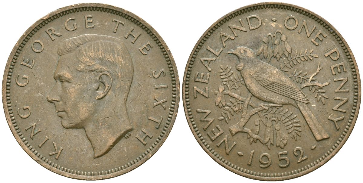 Новая Зеландия 1 пенни 1952 Георг VI (1936-1952), новозеландский туи KM 21 бронза 4542-942
