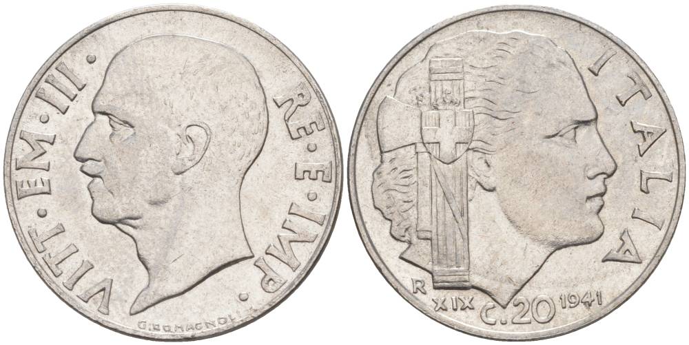 ИТАЛИЯ 20 ЧЕНТЕЗИМО 1941 R, ГОД XIX, ВИКТОР ЭММАНУИЛ III (1900-1946) KM 75b, VEM3. 1028 нержавеющая сталь 3853-923